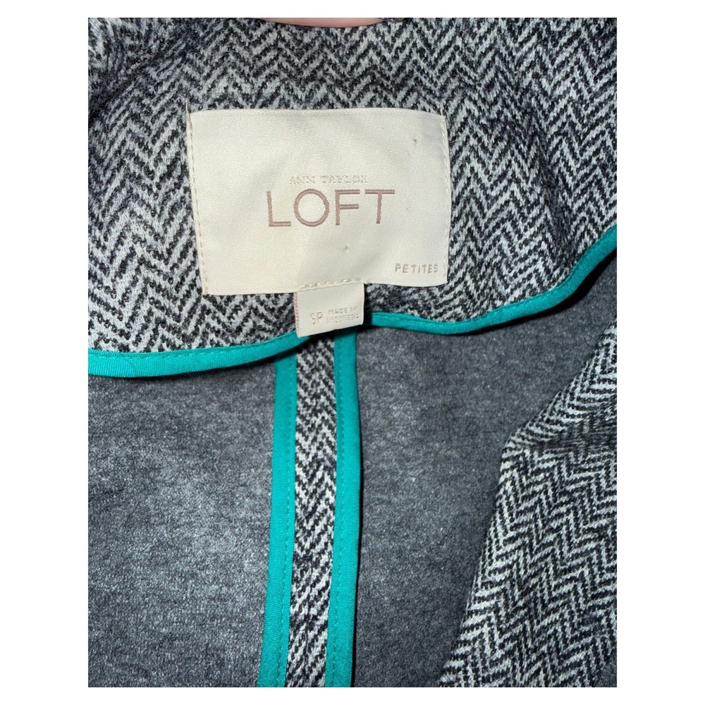 Ann Taylor LOFT Petite Herringbone Blazer Jacket‎ Teal Trim Pockets - Picture 3 of 5